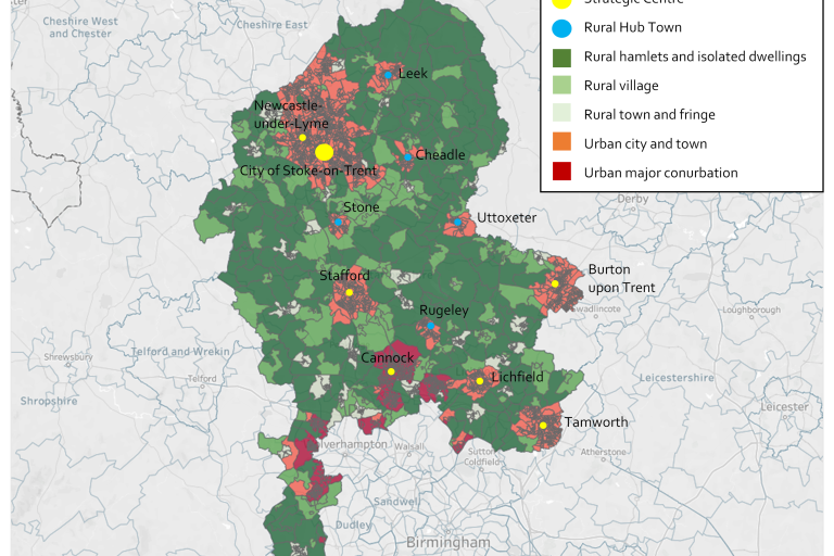 A map of staffordshire showing different coloured areas for different types of land