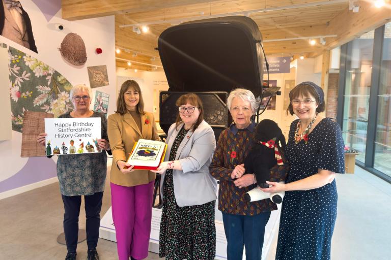 Hayley Coles Cabinet Member for Communities and Culture and Sarah English Access and Engagement Manager with volunteers at Staffordshire History Centre_1