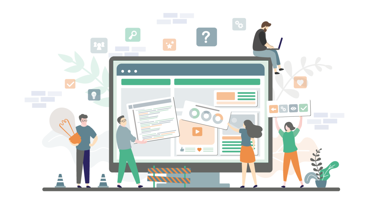 Graphic depicting people round a monitor 