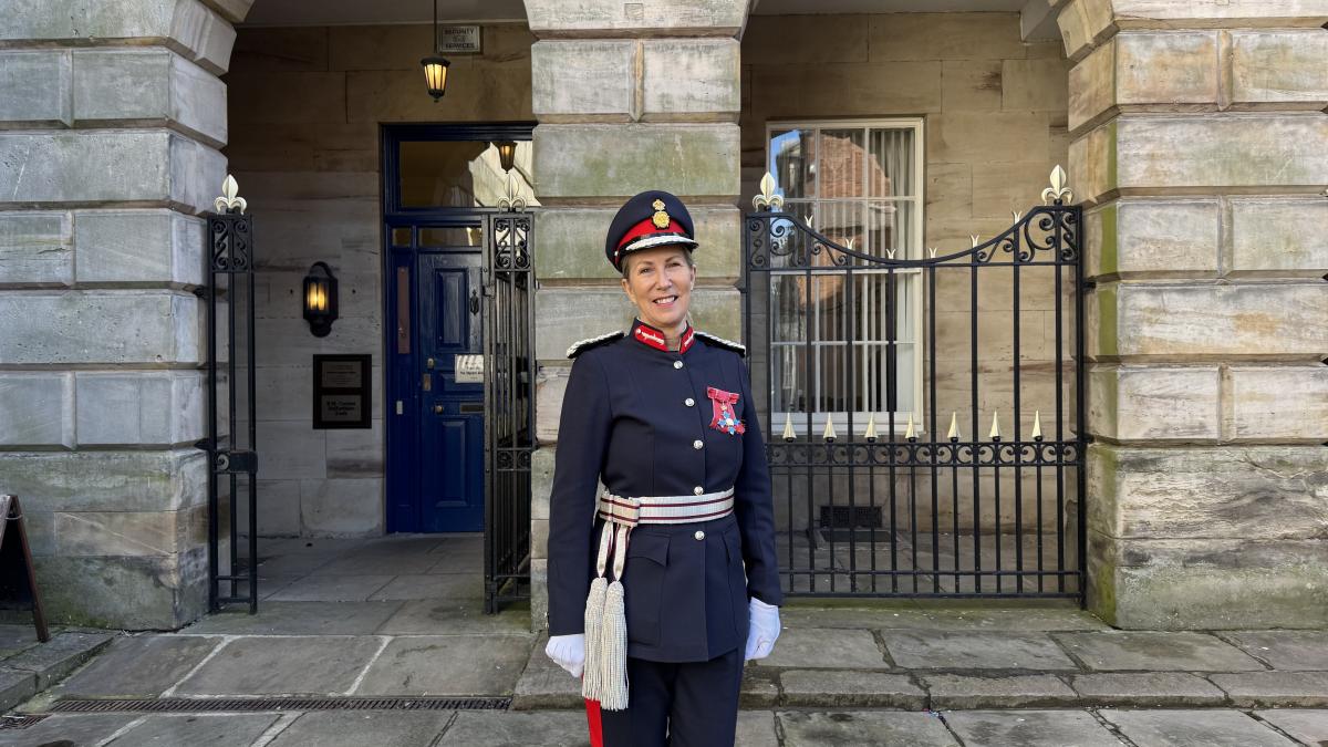 The Lord Lieutenant of Staffordshire standing in uniform in front of County Buildings in Stafford.